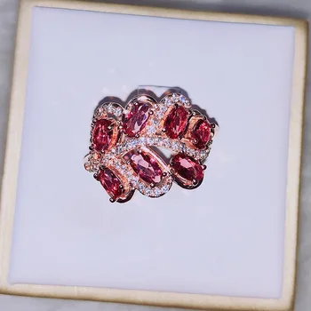 

CHAMSS Rose Gold Leaf Ruby Ring Elegant Temperament Female Fashion Gift