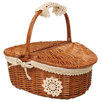 

Picnic Basket Hand Made Wicker Bags Camping Shopping Storage Hamper with Lid Picnic Food Basket Woven Fruit Storage Basket