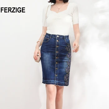 

FERZIGE Denim Skirt Women High Waist One-step Skirts Stretch Summer Fashion Single Buttons Dark Blue Jeans Skirt Embroidery Lace
