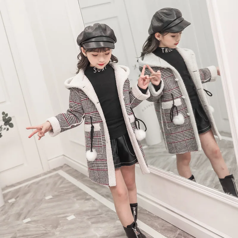Fashion Design Autumn Winter parka Girl Long Woolen Coat for Kids Outerwear Grid pattern Padded Warm clothing girls winter coat