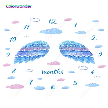 

Creative Cartoon Clock Blue Angel Wing Backdrops for Photography Birthday Decor Baby Shower Photography Backgrounds Photo Studio