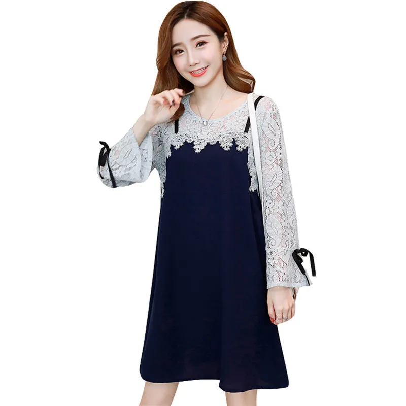 navy blue Платья для грудного вскармливания; шифоновое платье с кружевными вставками для беременных женщин; Одежда для беременных с длинными рукавами; C0118 - Цвет: navy blue