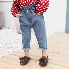 Рубашка для девочек, осенний стиль, детские удобные повседневные цельнокроеные джинсы с высокой талией, для маленьких девочек