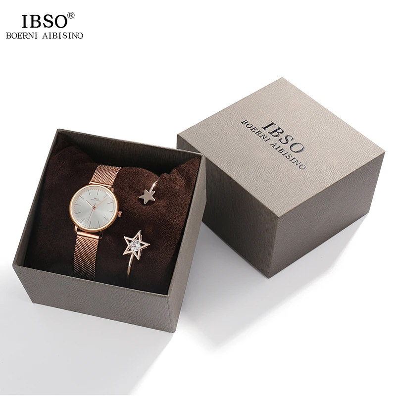 Cinta de Aço Ibso Feminino Relógios Conjunto Ultra Fino Rosa Ouro Malha Inoxidável Relógio Quartzo Horas Define Senhoras Masculino 8mm