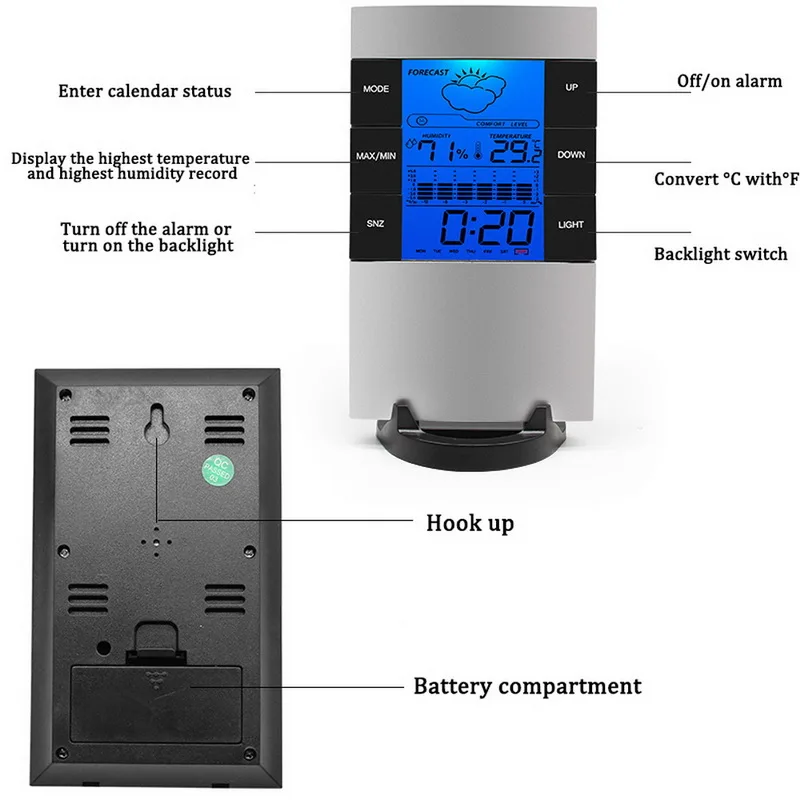 Электронный цифровой ЖК-термометр с фоновой подсветкой гигрометр Измеритель температуры и влажности Метеостанция домашние часы