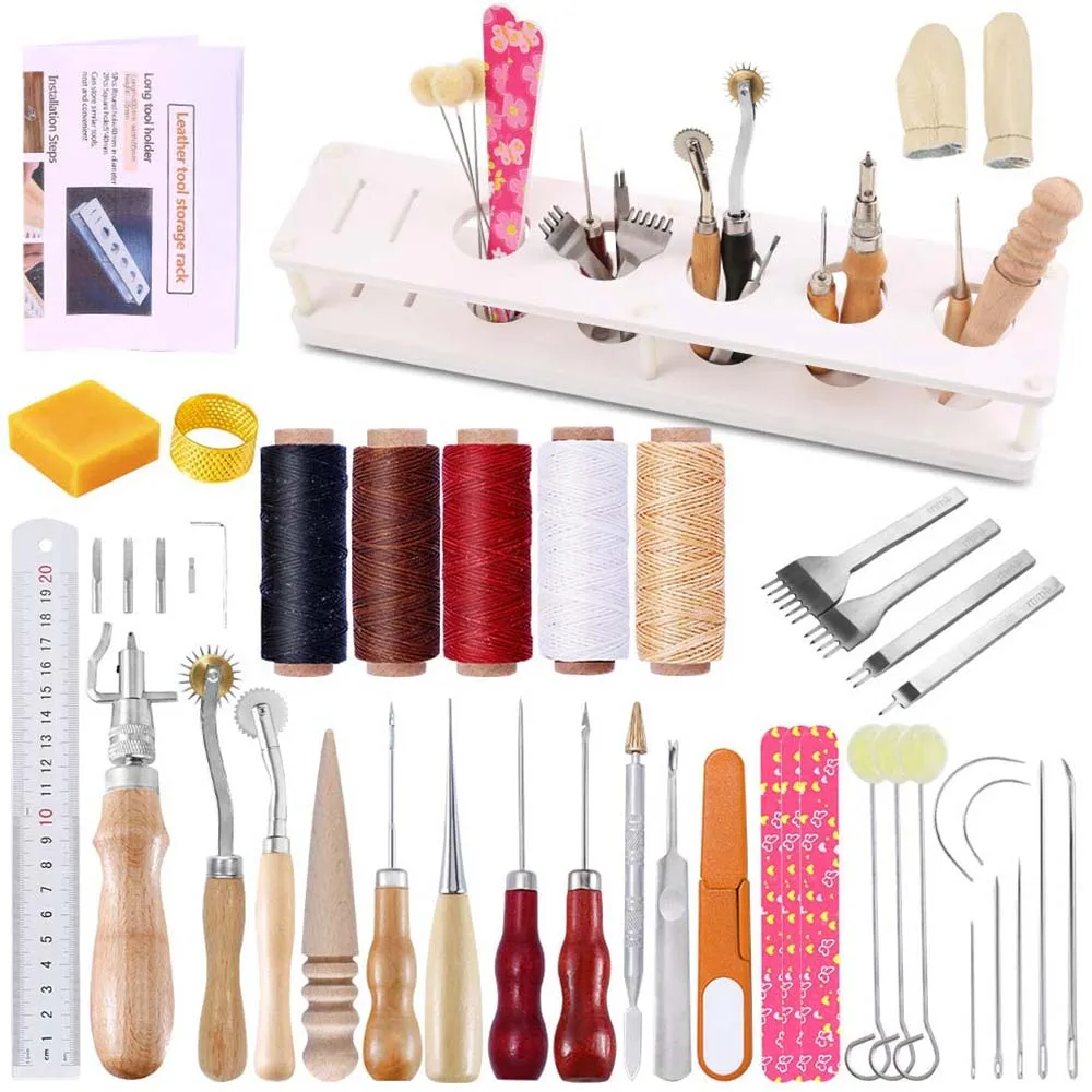 

LMDZ 39Pcs Leather Tooling kit, Leather Working kit,Leather Working Tools with Scratch Wire Wheels, Leather Groover,Waxed Thread