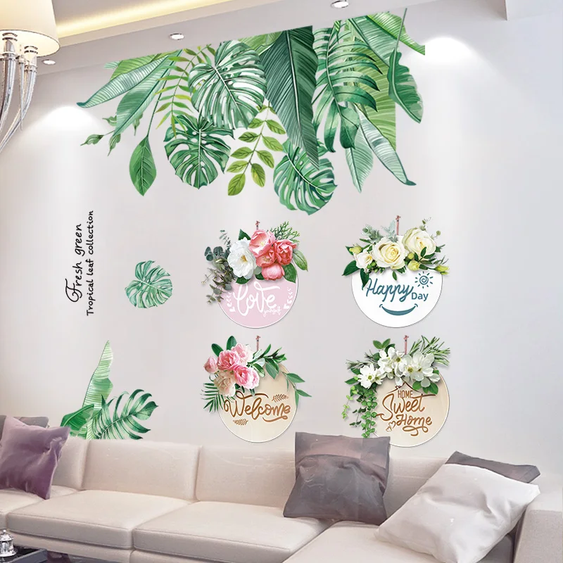 

[SHIJUEHEZI] Green Tropical Leaves Wall Stickers DIY Flower Plant Mural Decals for Living Room Kitchen Home Wedding Decoration