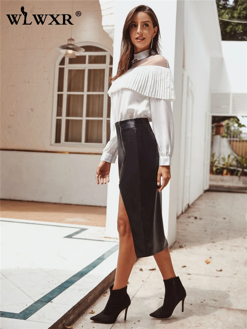 WLWXR Split Bodycon Sexy Club Skirts Womens Black Wrap Midi Faux Pu Leather Skirt Female Elegant Autumn Pencil Ladies Skirt