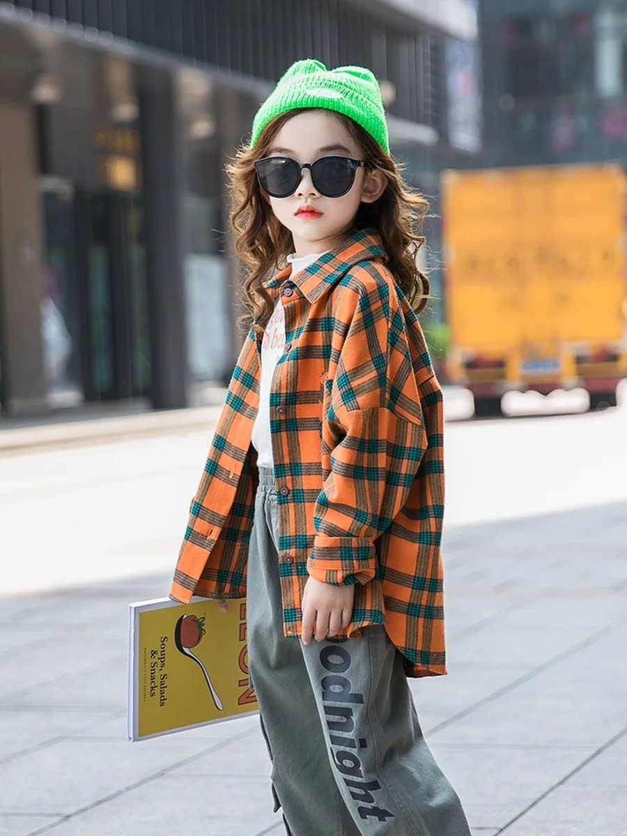 

Plaid Shirts for Kid Girls Long Sleeve Blouses 4 To 14 Years Children School Custome Autumn Casual Cotton Shirt
