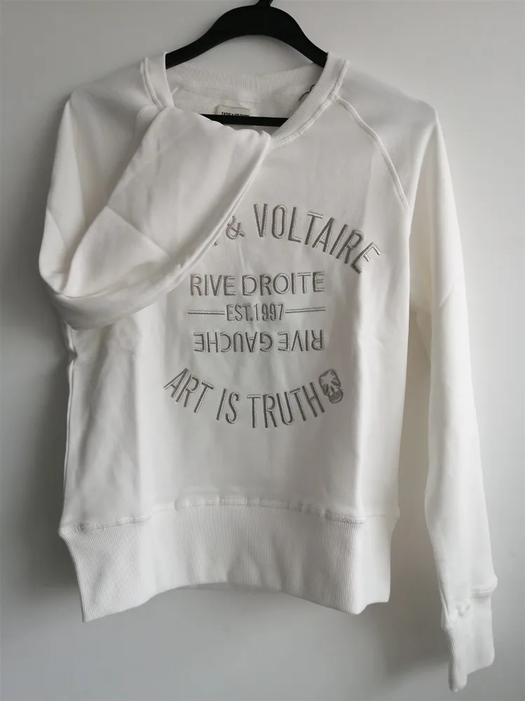 Sudadera holgada de manga larga para mujer, de algodón 100%, con Bordado de letras dorado, cuello redondo, color blanco y negro