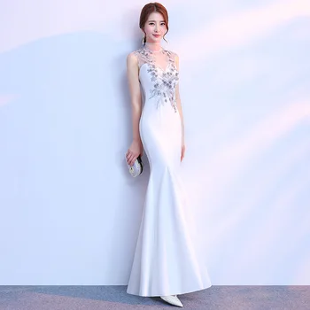 

White Wedding Party Sleeveless Dress Bride Cheongsam Womens Qipao Elegant Long Flower Clothes Vestido XS-XXXL