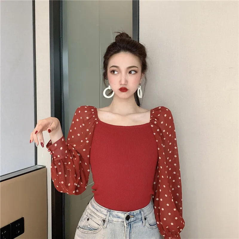 

2019 Atumn Winter Women Square Collar Cropped Sweater Pullover Crop Top Patchwork Chiffon Dot Sleeve Sweater For Female
