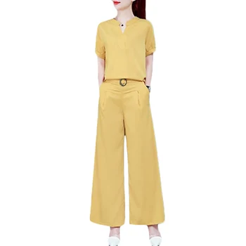 

New 2020 Women Summer Plus size Suits Cropped Trousers Chiffon Slim Shirt Two-piece Sets Women's Pants Casual Fashion Sets