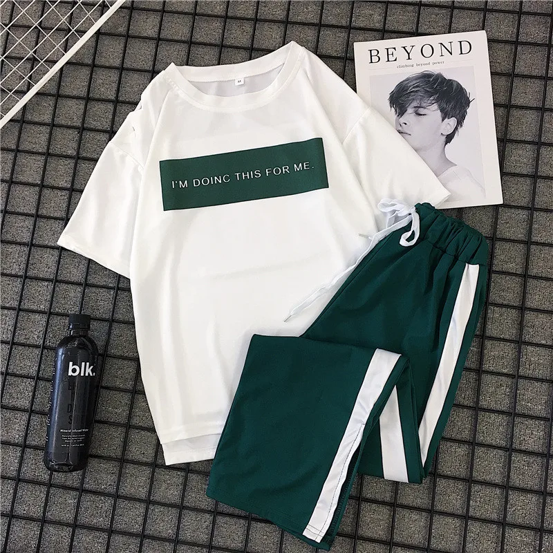 

2 Piece Set Outfits For Women Letter Casual T Shirt Striped Long Pants Elastic High Waist Sport Streetwear Plus Size 2020 Summer