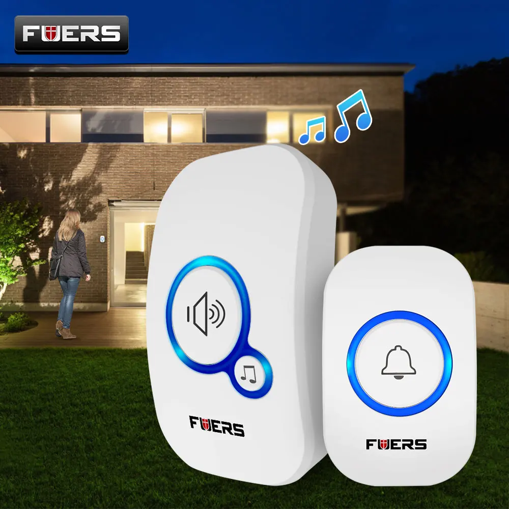 Fuers-timbre de bienvenida inalámbrico para el hogar, alarma inteligente para puerta, 32 canciones, botón a prueba de agua