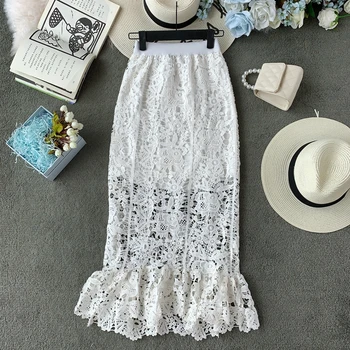 

2020 Summer Fashion Slim Lace up High waist Lace Hollow out Solid A-line Women Casual Skirts