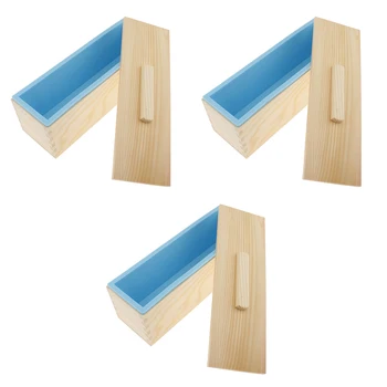 

3Pieces/Set Rectangle Silicone Soap Wooden Box Lid DIY Toast Loaf Mold 1200ml Blue