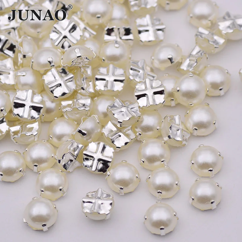 JUNAO-100pcs-6-7-8mm-Sewing-White-Pearl-Beads-Claw-Rhinestones-Applique-Flatback-Half-Round-Pearls