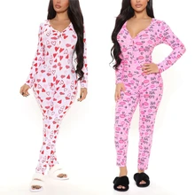 Overalls Women V-neck High Waist Jumpsuit Casual Lips Love Printing Romper Long Sleeve Long Pants Sleepwear Home Clothing