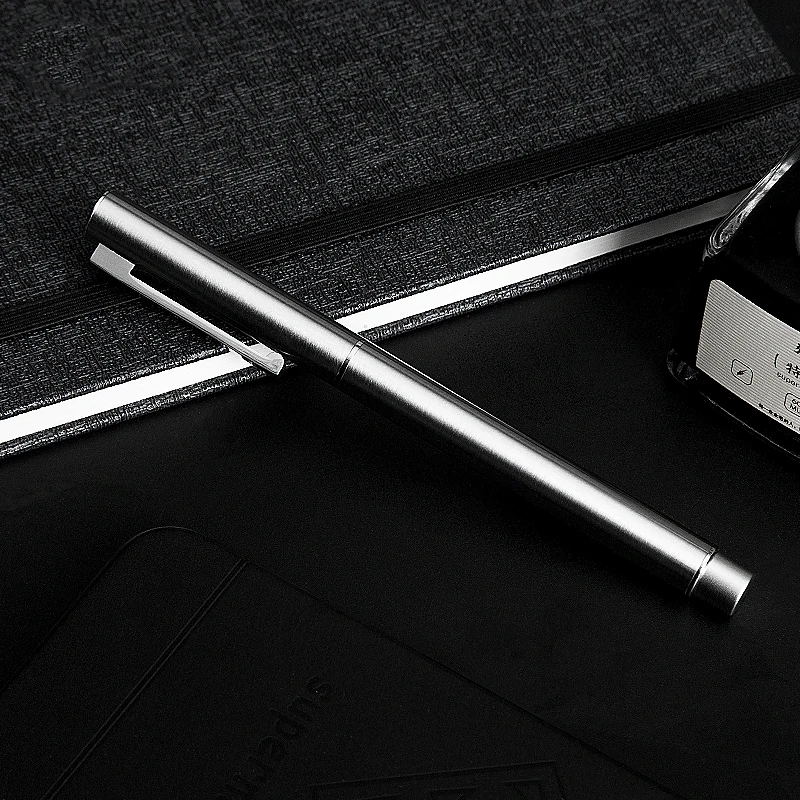 HongDian Metal Stainless Steel Fountain Pen Fine Nib 0.4mm Bright Silver Excellent Writing Gift Ink Pen for Business Office Home