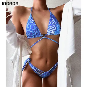 

INGAGA Halter Bikinis Blue Leopard Swimsuits String Bow Swimwear Women Bathing Suits Cut Out Beachwear Micro Biquini Swim Suit
