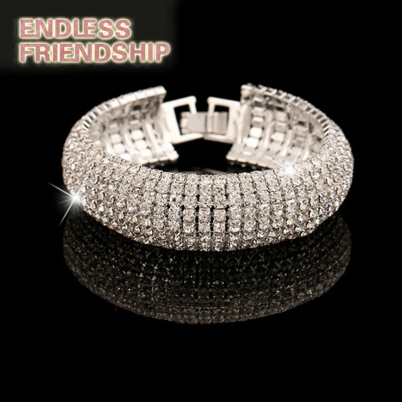 Minlover Свадебные аксессуары Кристалл Bling серебряного цвета со стразами браслет для женщин модные украшения QC8105