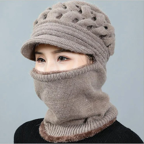 Khaki Зимние шапки Skullies Beanies, зимние шапки бини для женщин, шерстяной шарф, шапки, Балаклава, маска, шапка, вязаная шапка, подарок матери - Цвет: Khaki