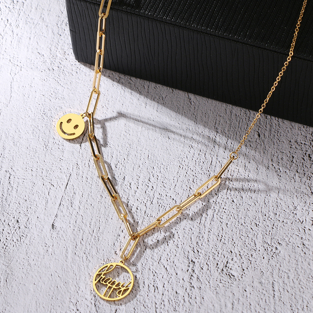 Steel Necklaces Paper Clip Style Chain Letter Happy Smile Pendant Fashion Choker Necklace For Women Jewelry Party Gift
