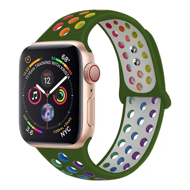 Silicone Strap For apple Watch band 44mm 40mm 45mm 41mm 40 44 mm Breathable Accessories watchband bracelet iWatch 3 4 5 se 6 7 Rainbow-Army Green57