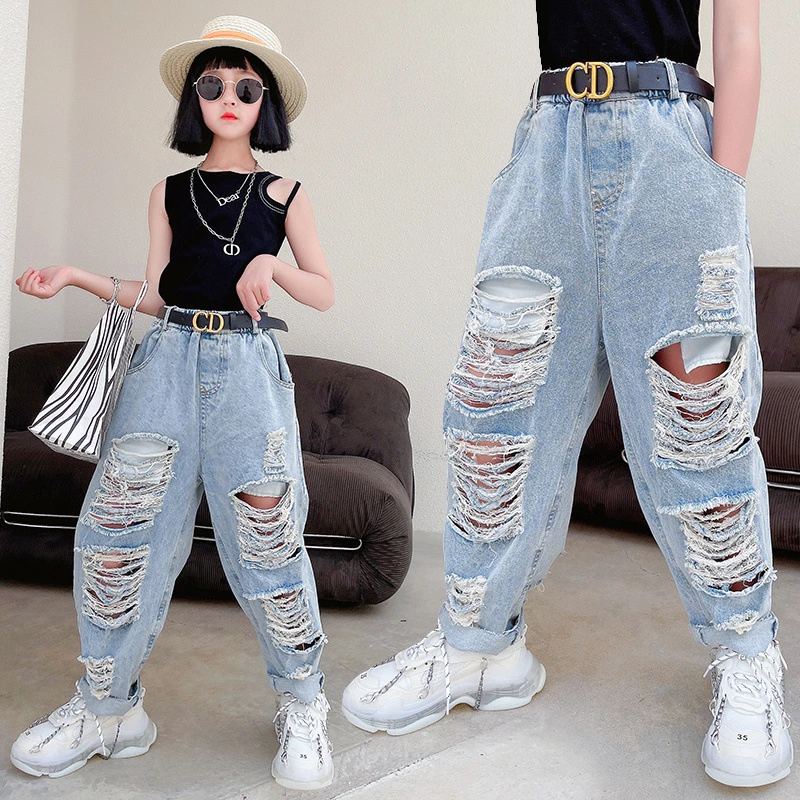 8 a 10 años las niñas Jeans de moda para chicas bailar Hiphop pantalones de mezclilla|Pantalones vaqueros| - AliExpress