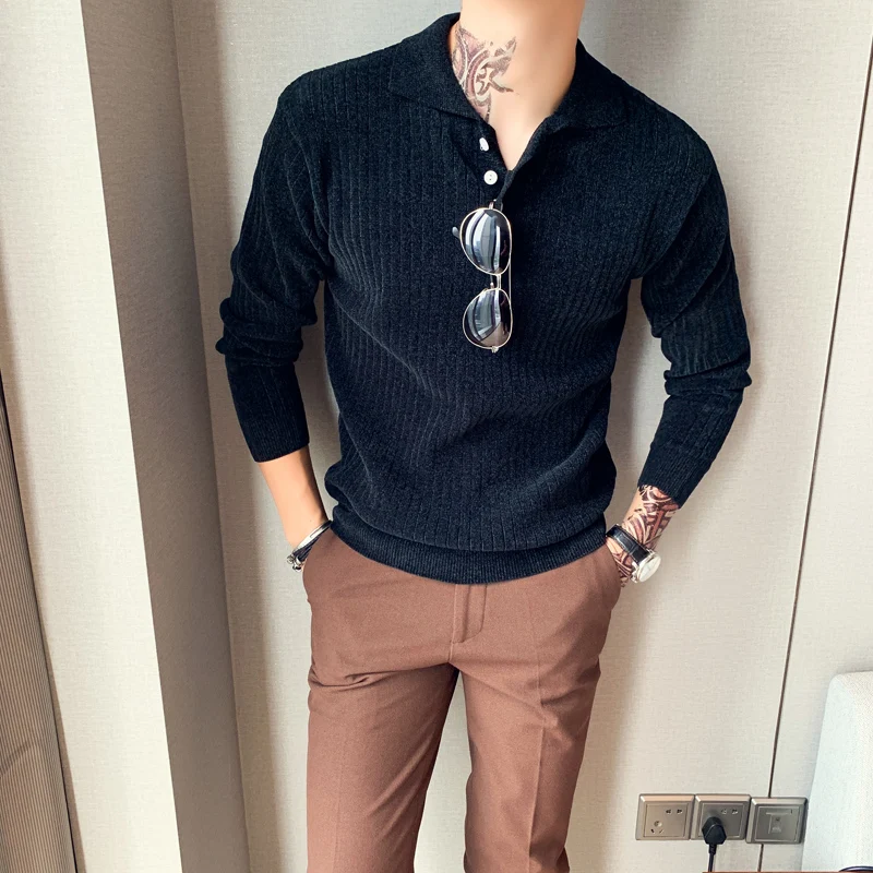 Британский Стиль пуловер свитер мужской модный Свободный однотонный синель мужские повседневные свитера с длинным рукавом трикотажные Pull Homme 3XL-M - Цвет: Черный