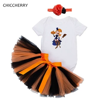 

The Little Witches Kids Halloween Costumes Baby Girl Clothes Short Sleeve Bodysuit Lace Skirts Headband 3PCS Newborn Tutu Sets