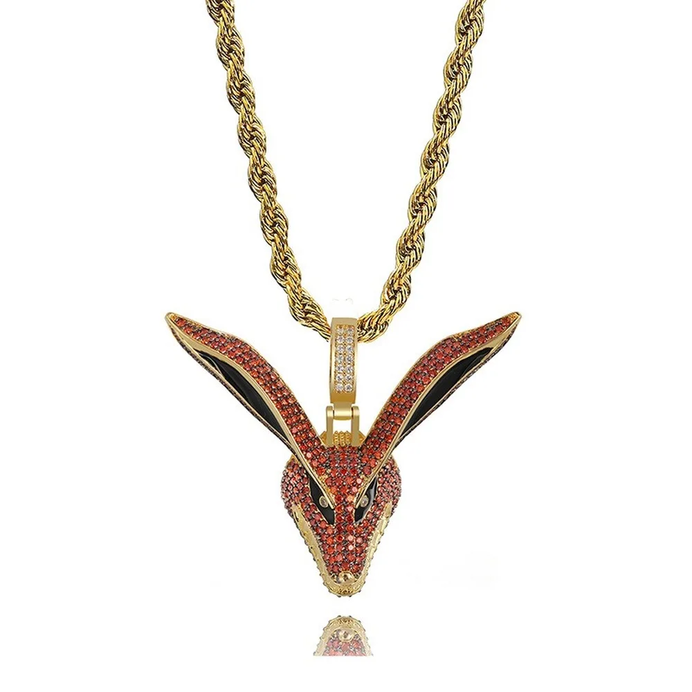 18K Gold Plated Bling CZ Simulated Diamond Iced Nine-tailed Demon Fox Pendant Necklace Hip Hop Chain Jewelry for Men Charm Gifts | Украшения