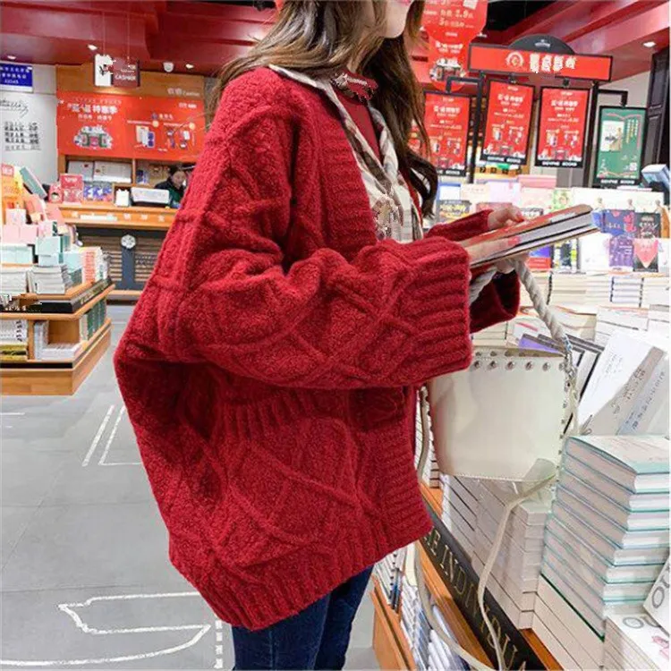 

2019 Autumn New Solid Loose Sweater Coat Women V-Neck Batwing Sleeve Cardigan Sweater Casual Plus Size Knitted Top