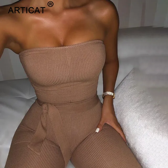 US $13.99 Articat Cotton Knitted Sexy Jumpsuit Women Off Shoulder Bodycon Rompers Womens Jumpsuit With Belt F