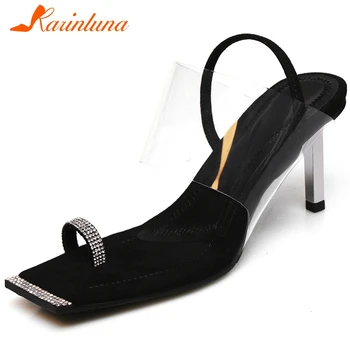 

Karinluna New Arrivals Kid Suede Thin Heels INS Hot Sandals Woman Shoes Slip-On Crystal Summer Shoes Women Sandals Female