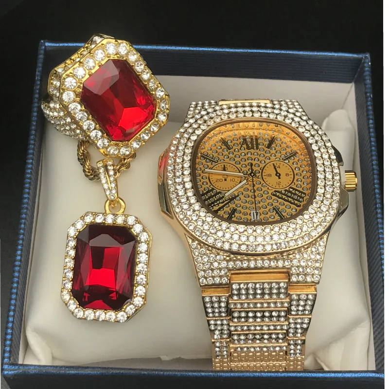 Многоцветный Роскошные мужские бриллиантовые золотые часы хип-хоп Iced Out кубинские часы с бриллиантами и красным Рубином ожерелье и кольцо комбинированный набор рэпер мужские ювелирные изделия - Цвет: Многоцветный