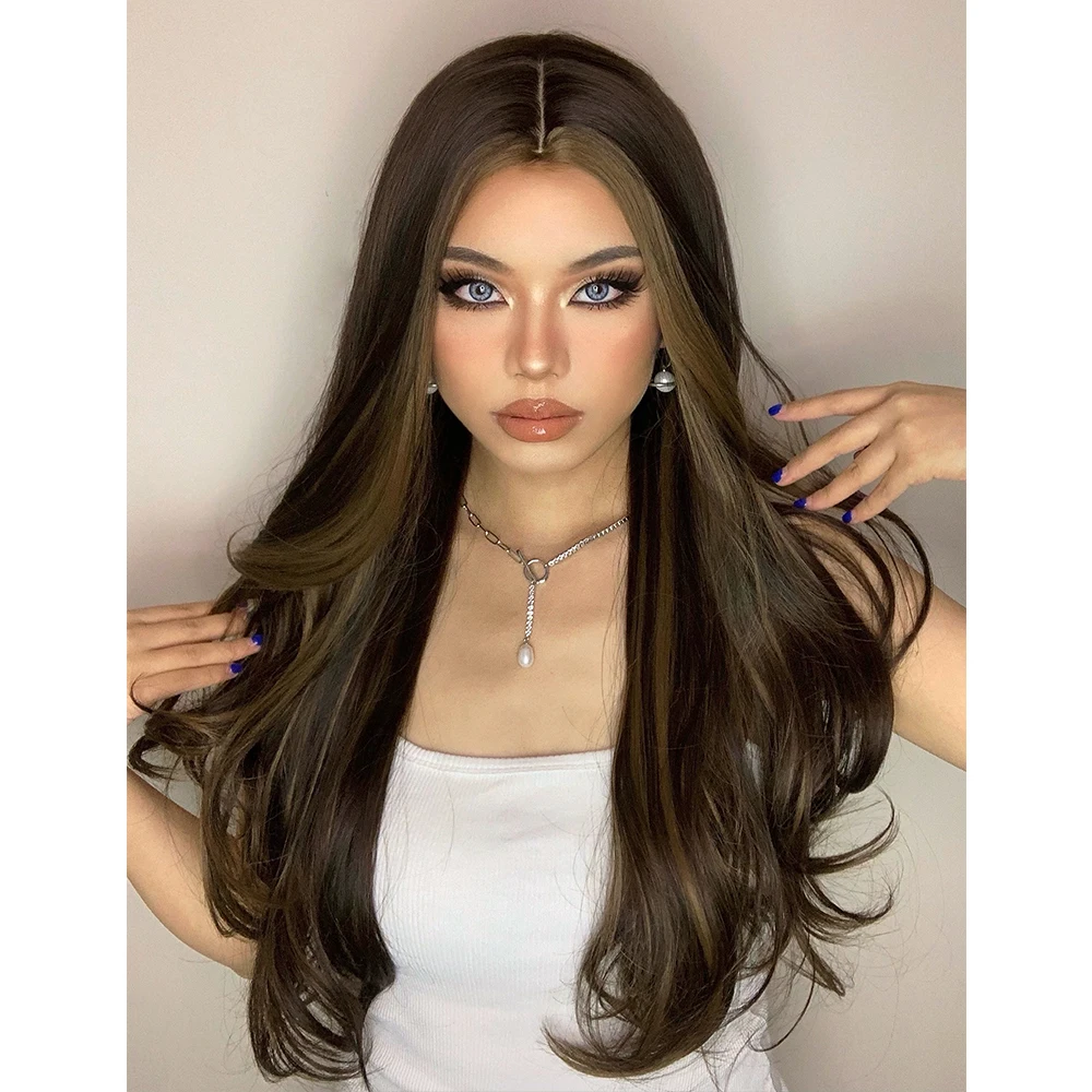HENRY MARGU Long Black Brown Body Wave Synthetic Wigs Heat Resistant Natural Cosplay Wigs for Women Middle Part Hair Wigs