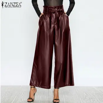 

Top Fashion Women Wide Leg Pants ZANZEA High Waist PU Leather Trousers Spring Solid OL Work Pantalon Casual Ruffles Streetwear