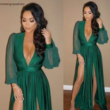 Зеленый эффектом прозрачности с глубоким треугольным вырезом вечернее платье блестящее одежда с длинным рукавом формальная праздничная одежда на День независимости США, для выпускного вечера вечерние платья изготовление на заказ; Большие размеры