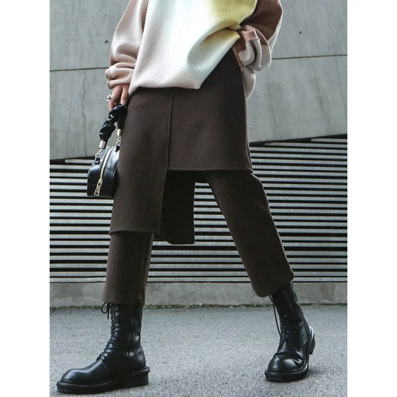 [EAM] Черные Брюки с высокой эластичной резинкой на талии, имитация двух частей, новые свободные брюки, женские модные брюки, весна-осень, 1K889