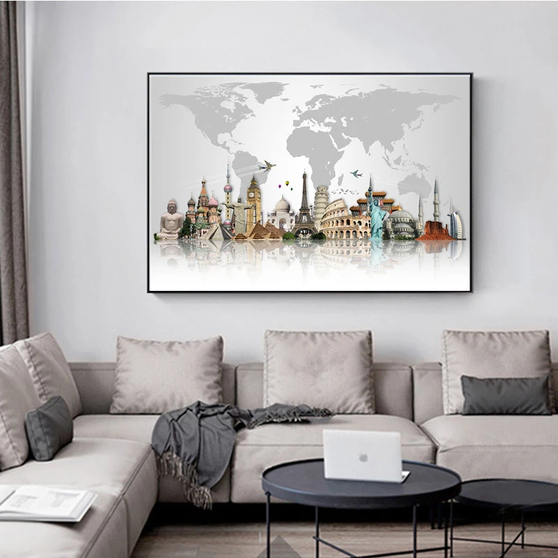 

Canvas Paintings World Famous Building Posters and Prints Wall Art World Tourist Attraction Map Modern Art Pictures Home Decor