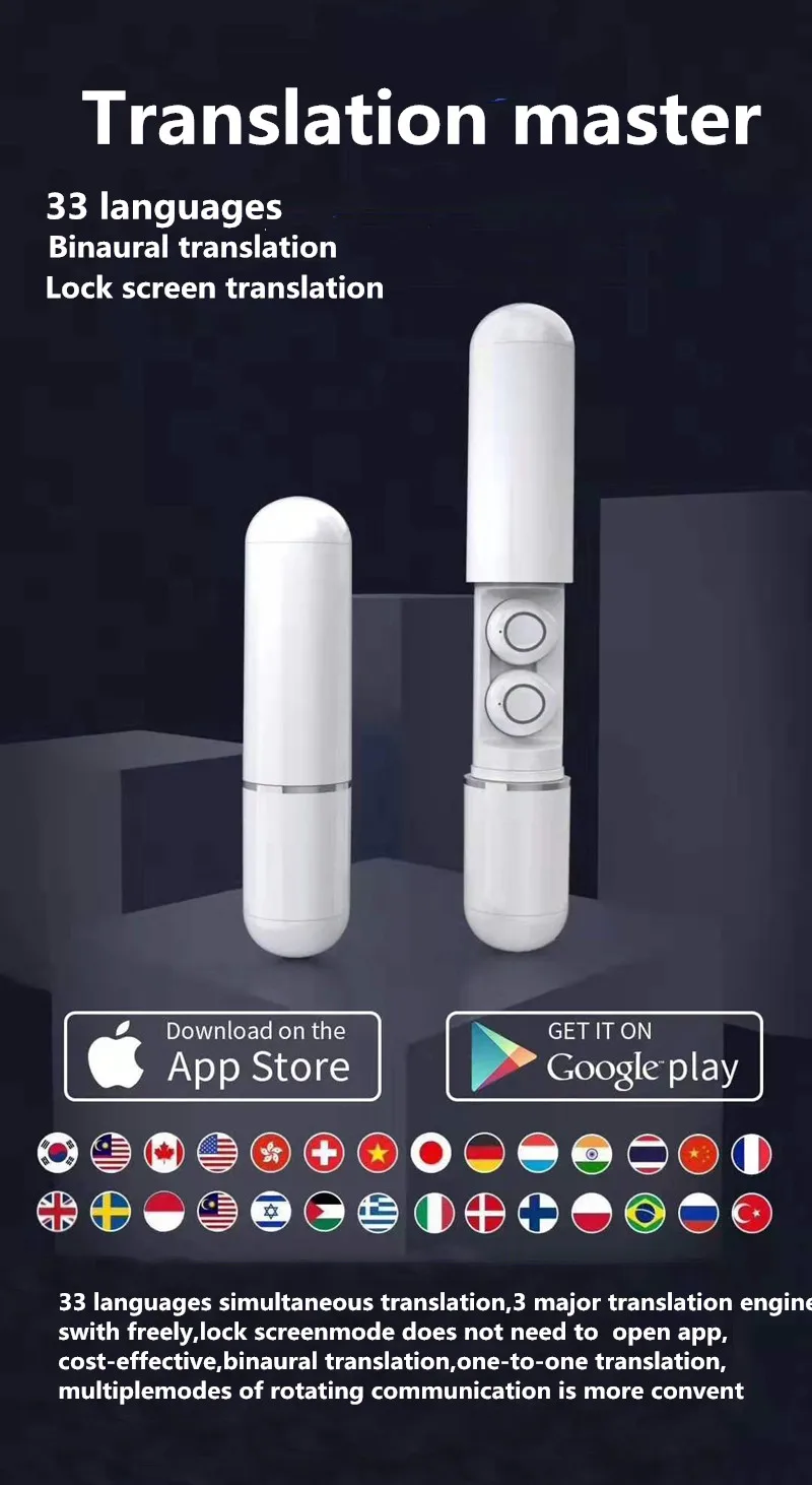 Smart Earphone Translator 33 Languages Intelligent instant Wireless Bluetooth Voice Translate Translator Headset for iphone