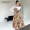 CHEERART falso Vintage 2 pieza Floral de Jacquard manga larga Vestido Mujer manga cuello cuadrado de una línea vestido de mujer moda 2022 ► Foto 1/6