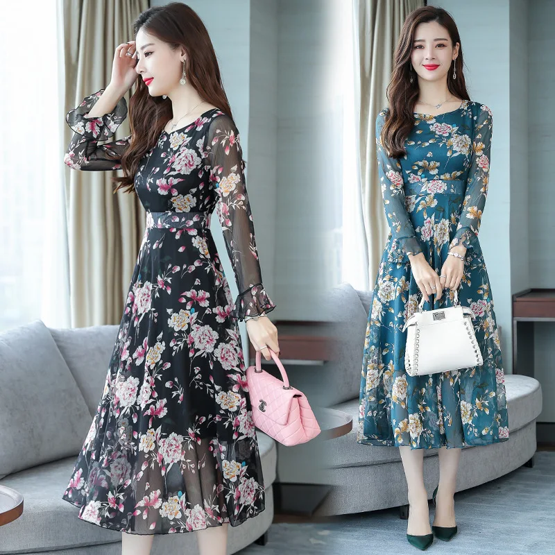 

Photo Shoot Floral Dress Women's Chiffon 2018 New Autumn Printed Autumn Clothing Long Sleeve Slimming Swinging Skirt