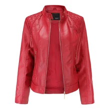 Women's zipper synthetic leather jacket, large coat, brown collar, red engine, spring and