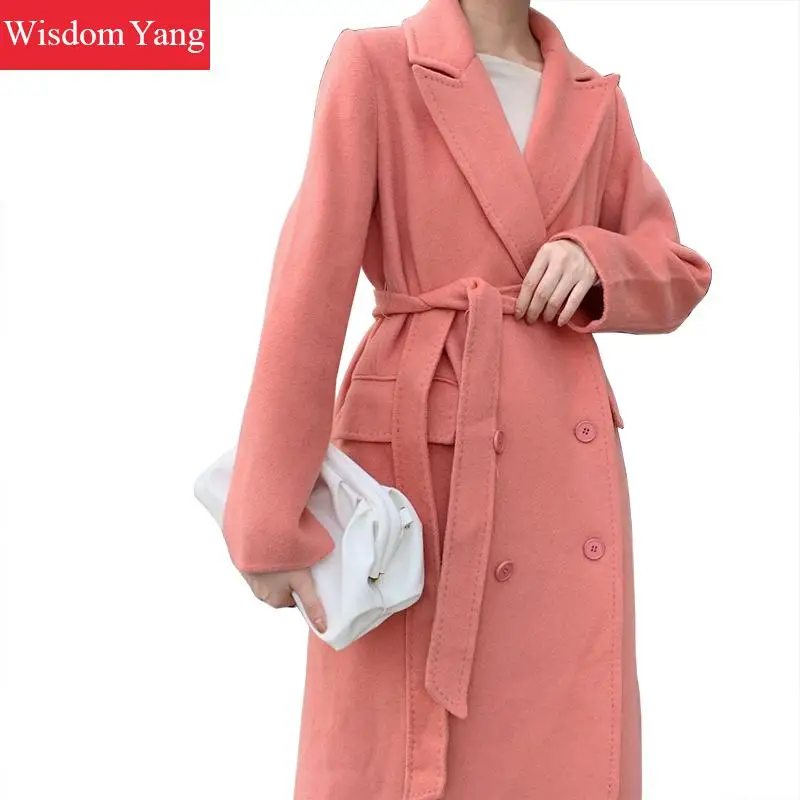 

Winter Long Wrap Women Sheep Wool Coats Cashmere Bodycon Ladies Yellow Pink Coat Woman Korean Clothing Woolen Overcoat Outerwear