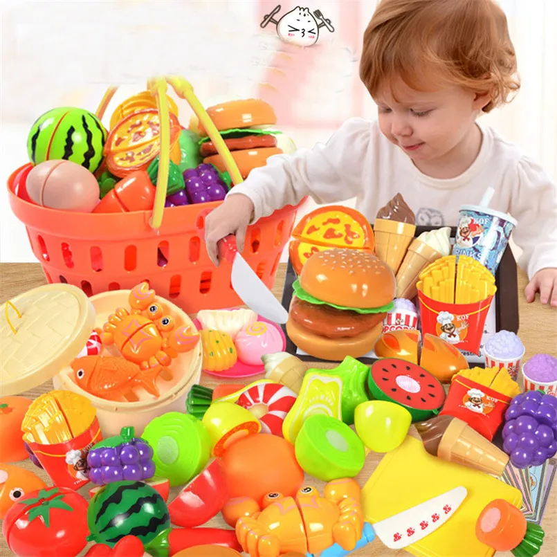 

36PCS Education Toys Basket for Girl Kids Plastic Kitchen Toy Shopping Cart Set Cutting Vegetable Fruit Food Pretend Play House