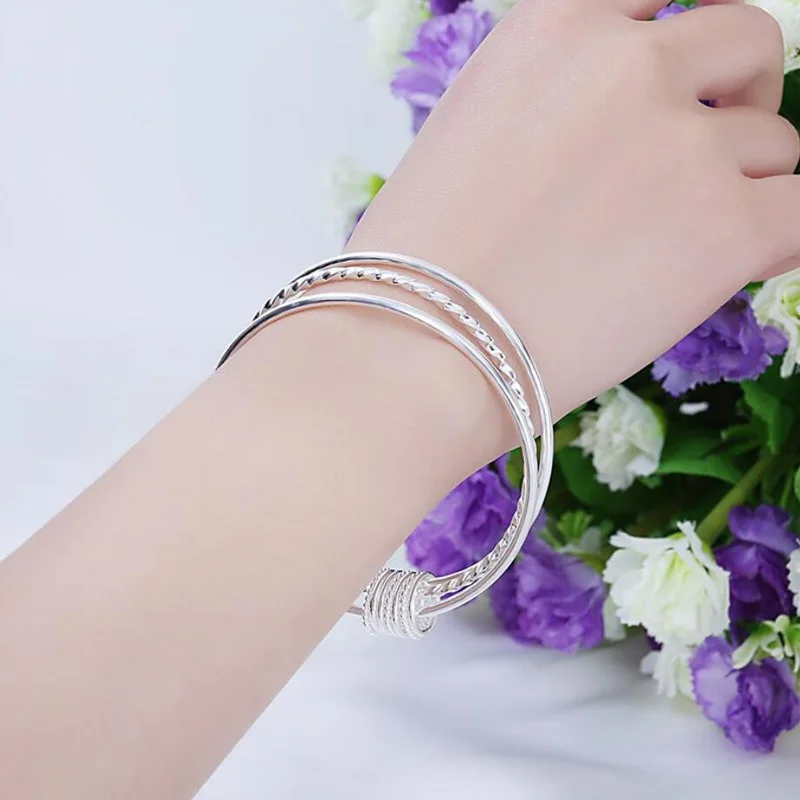 

Trendy Bangles For Women 925 Sterling Silver Jewelry Three Lines Geometric Bangle Charm Lady Different Occasion Accessories