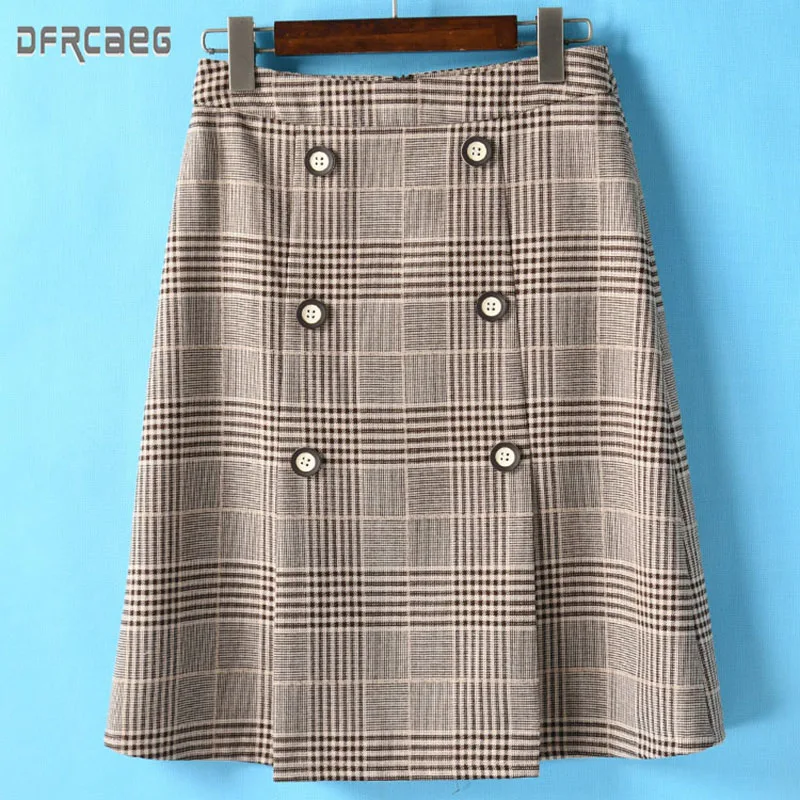 

2019 Autumn Winter Woolen Mid Women Skirt Plaid High Waist Slim Fit Double Row Of Button A-Line Female Wool Skirts Femme saia